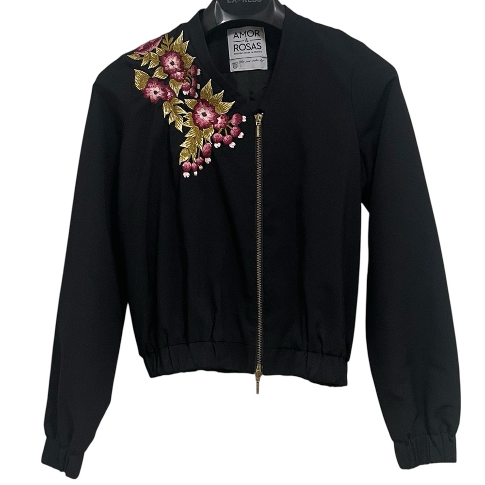 Amor & Rosas Black Floral Embroidered Asymmetrical Bomber Jacket Medium